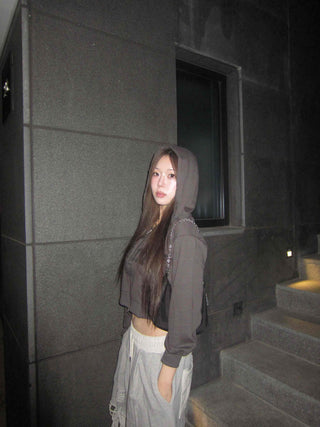 Sleeve Half Zip Crop Hoodie