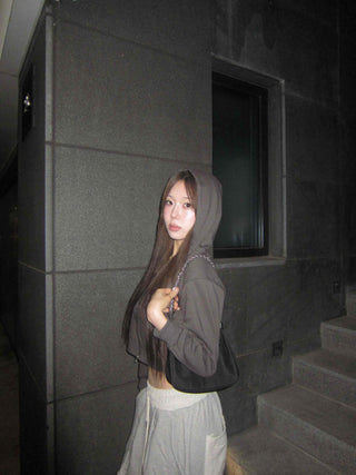 Sleeve Half Zip Crop Hoodie