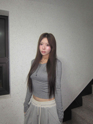 Sexy Fit Ribbed Cropped Slim Fit Button Long Sleeve T-shirt