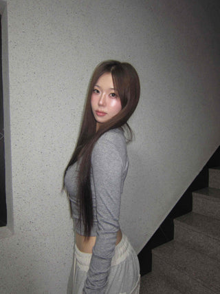 Sexy Fit Ribbed Cropped Slim Fit Button Long Sleeve T-shirt