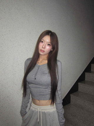 Sexy Fit Ribbed Cropped Slim Fit Button Long Sleeve T-shirt