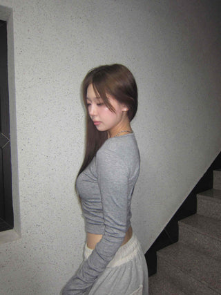 Sexy Fit Ribbed Cropped Slim Fit Button Long Sleeve T-shirt