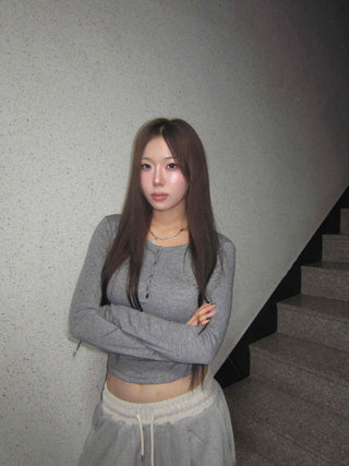 Sexy Fit Ribbed Cropped Slim Fit Button Long Sleeve T-shirt