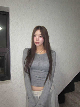 Sexy Fit Ribbed Cropped Slim Fit Button Long Sleeve T-shirt