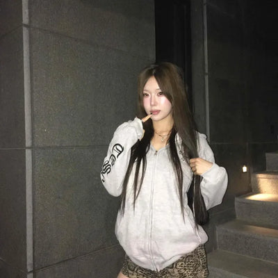Lettering Oversized Zip-Up Hooded Jumper