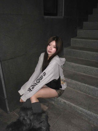 Lettering Oversized Zip-Up Hooded Jumper