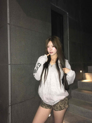 Lettering Oversized Zip-Up Hooded Jumper