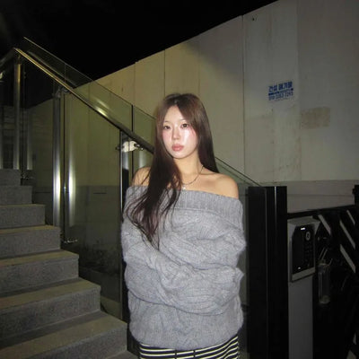 Off-shoulder Loose Fit Cable Knit