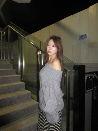 Off-shoulder Loose Fit Cable Knit