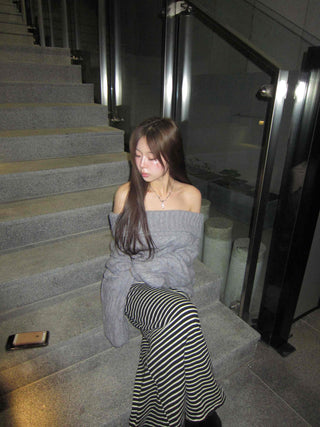 Off-shoulder Loose Fit Cable Knit