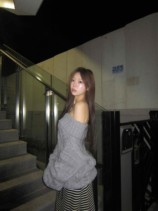 Off-shoulder Loose Fit Cable Knit