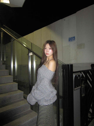 Off-shoulder Loose Fit Cable Knit