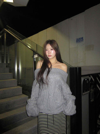 Off-shoulder Loose Fit Cable Knit