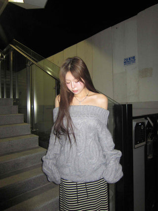 Off-shoulder Loose Fit Cable Knit