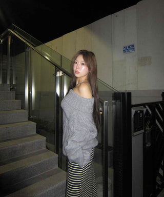 Off-shoulder Loose Fit Cable Knit