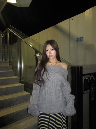 Off-shoulder Loose Fit Cable Knit