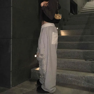 Y2K Street Ripped Distressed Wide Track Pants