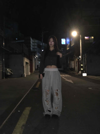 Y2K Street Ripped Distressed Wide Track Pants