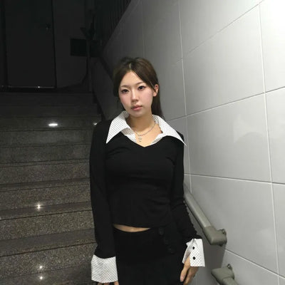 French Collar Lace Cuff Ribbed Cropped Long Sleeve Tee