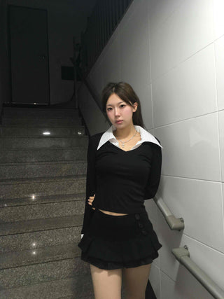 French Collar Lace Cuff Ribbed Cropped Long Sleeve Tee