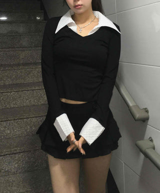 French Collar Lace Cuff Ribbed Cropped Long Sleeve Tee