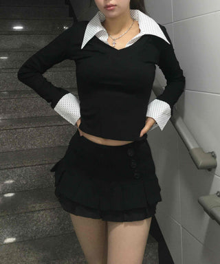 French Collar Lace Cuff Ribbed Cropped Long Sleeve Tee