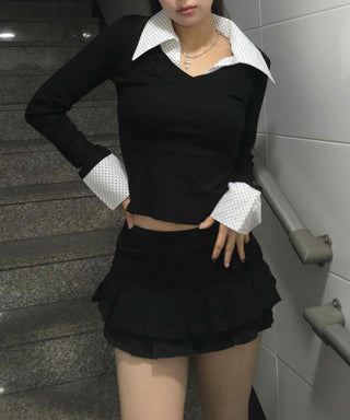 French Collar Lace Cuff Ribbed Cropped Long Sleeve Tee