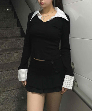 French Collar Lace Cuff Ribbed Cropped Long Sleeve Tee