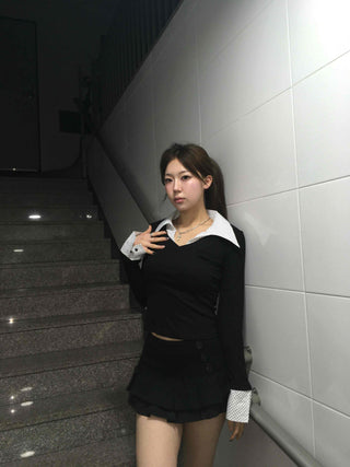 French Collar Lace Cuff Ribbed Cropped Long Sleeve Tee