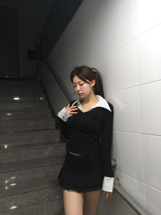 French Collar Lace Cuff Ribbed Cropped Long Sleeve Tee