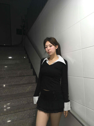 French Collar Lace Cuff Ribbed Cropped Long Sleeve Tee