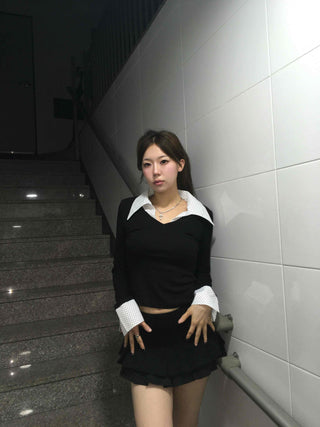 French Collar Lace Cuff Ribbed Cropped Long Sleeve Tee