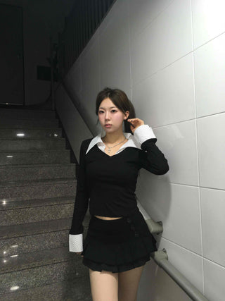 French Collar Lace Cuff Ribbed Cropped Long Sleeve Tee