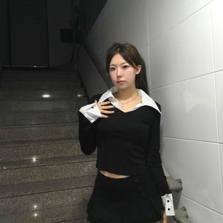 French Collar Lace Cuff Ribbed Cropped Long Sleeve Tee