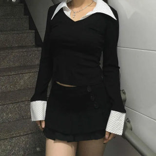 French Collar Lace Cuff Ribbed Cropped Long Sleeve Tee