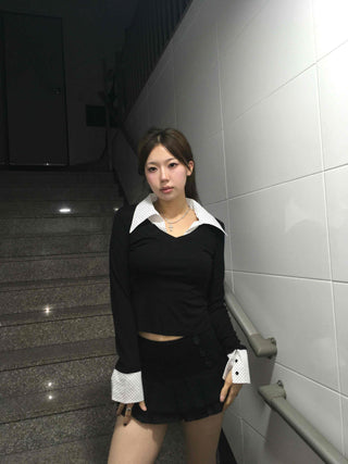 French Collar Lace Cuff Ribbed Cropped Long Sleeve Tee