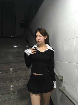 French Collar Lace Cuff Ribbed Cropped Long Sleeve Tee