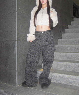 Y2K Leopard Wide Elastic Cargo Pants