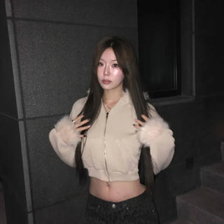Glitter Angora Mix Fur Hooded Zip-Up