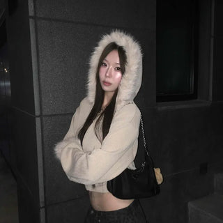 Glitter Angora Mix Fur Hooded Zip-Up