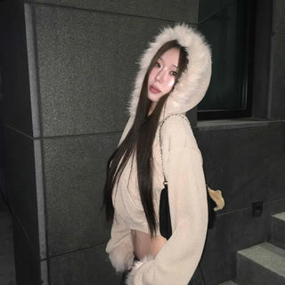 Glitter Angora Mix Fur Hooded Zip-Up