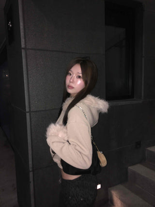 Glitter Angora Mix Fur Hooded Zip-Up
