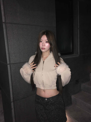 Glitter Angora Mix Fur Hooded Zip-Up