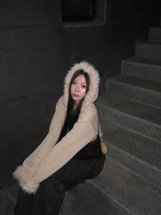 Glitter Angora Mix Fur Hooded Zip-Up