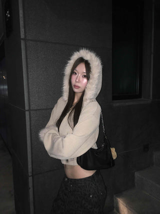 Glitter Angora Mix Fur Hooded Zip-Up