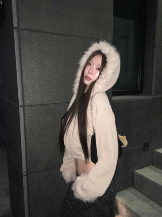 Glitter Angora Mix Fur Hooded Zip-Up