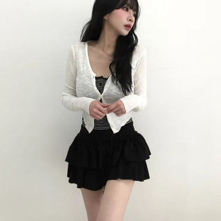 Zear Ribbed Rounded Hem V-Neck Cardigan