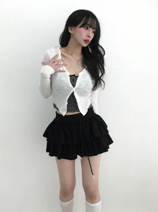 Zear Ribbed Rounded Hem V-Neck Cardigan