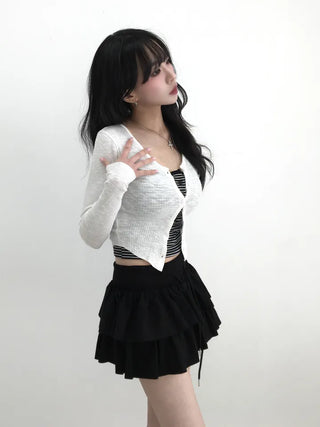 Zear Ribbed Rounded Hem V-Neck Cardigan