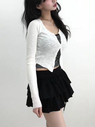 Zear Ribbed Rounded Hem V-Neck Cardigan